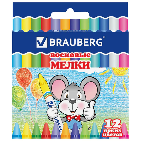 Восковые мелки BRAUBERG, НАБОР 12 цветов, 222962