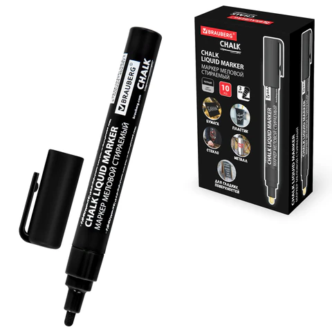 Маркер меловой CHALK LIQUID MARKER, ЧЕРНЫЙ, 3 мм, стираемый, BRAUBERG "CHALK", 152600