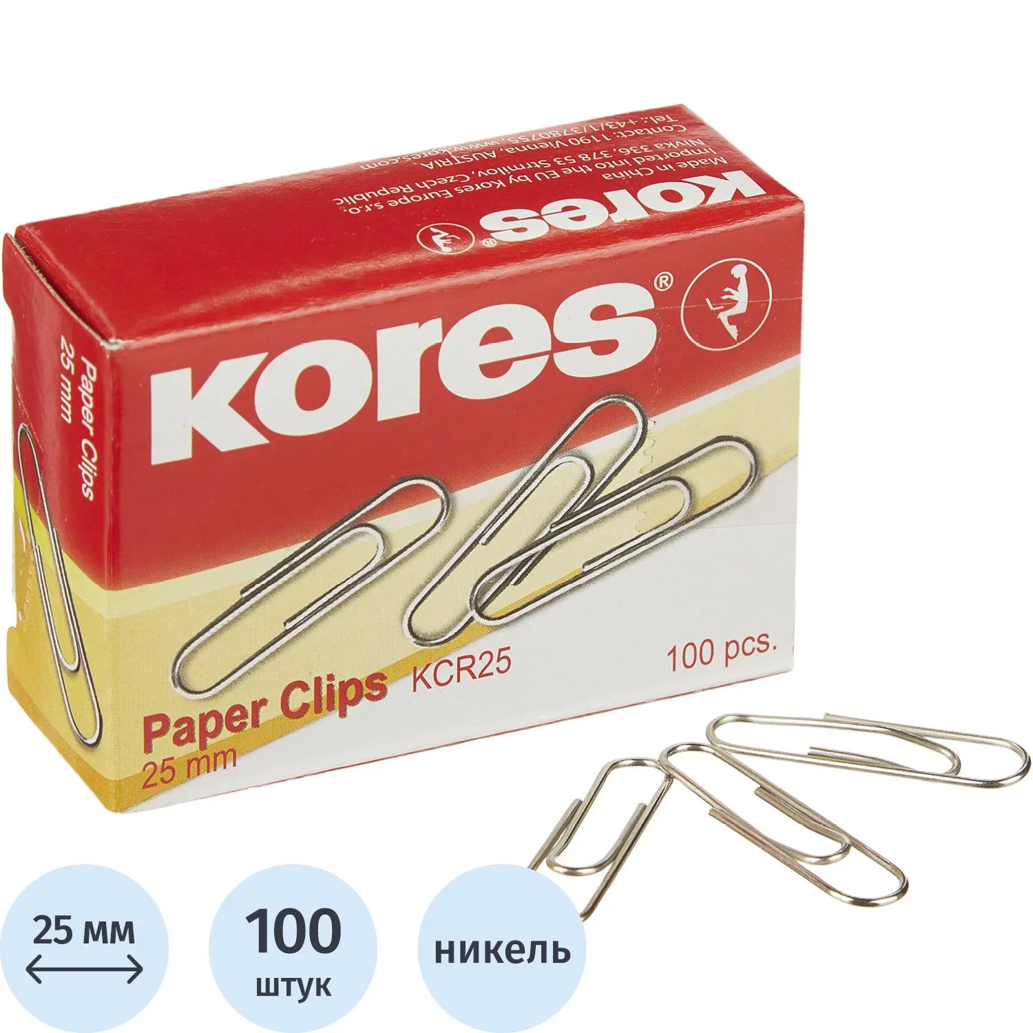 Скрепки KORES с отгибом,никелированные, 25 мм, негофрированные,100шт/уп, 65494К