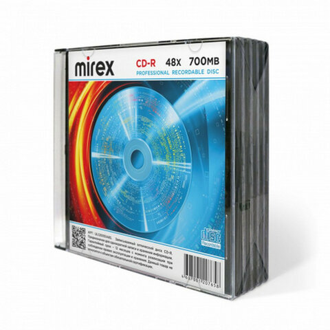 Диск CD-R MIREX, 700 Мб, 48x, Slim Case, КОМПЛЕКТ 5 шт., UL120051A8F