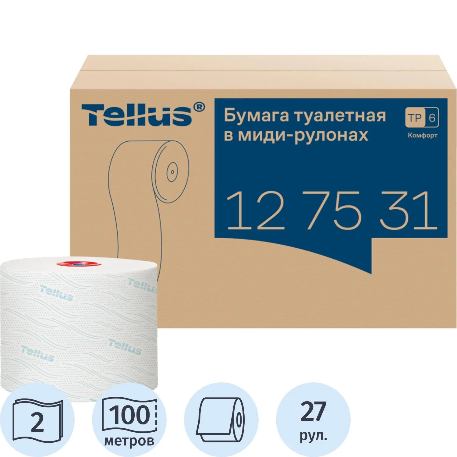 Бумага туалетная д/дисп Торк/Tellus в миди-рул Т6 2сл100м27рул127530/127531, 186717К