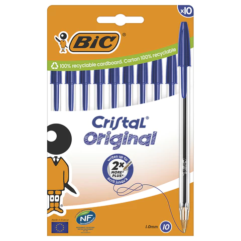Ручки шариковые BIC "Cristal Original", НАБОР 10 шт., СИНИЕ, узел 1 мм, линия письма 0,32 мм, пакет, 830863