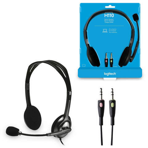 Наушники с микрофоном (гарнитура) LOGITECH H110, проводная, компьютерная, 1,83 м, стерео, 2 x mini jack 3,5 мм, черная