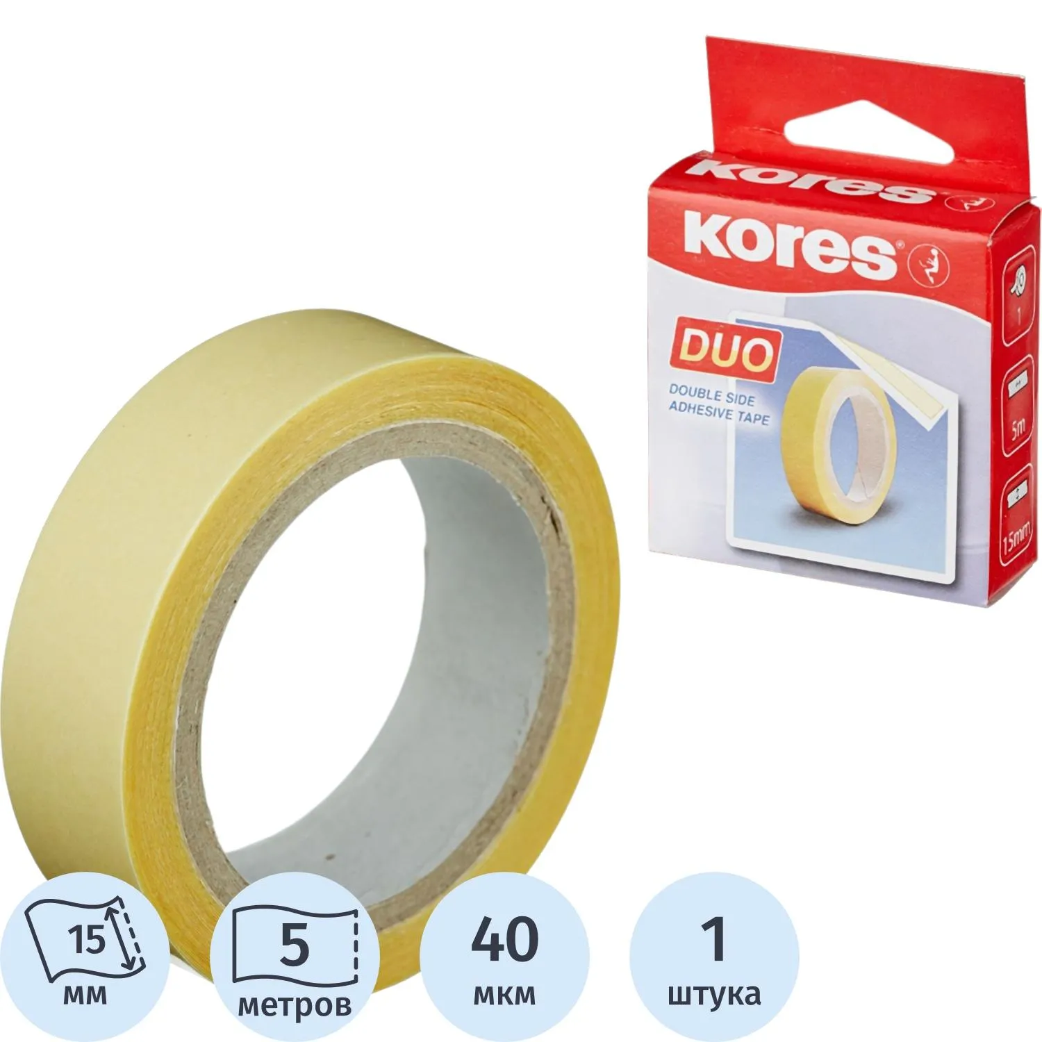 Клейкая лента канцелярская KORES двусторонняя 15х5 55515, 170371К