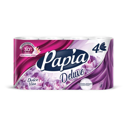 Бумага туалетная быт., спайка 8 шт., 4-слойная (8х16,5м), PAPIA DELUXE, аромат Dolce Vita, 5080749