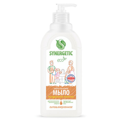 Мыло жидкое 500 мл SYNERGETIC "Миндальное молочко", гипоаллергенное, биоразлагаемое, дозатор, 105058