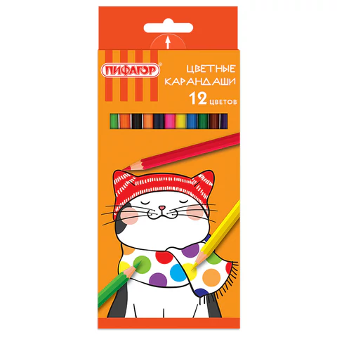Карандаши цветные ПИФАГОР "КОТИК", 12 цветов, шестигранные, 181340