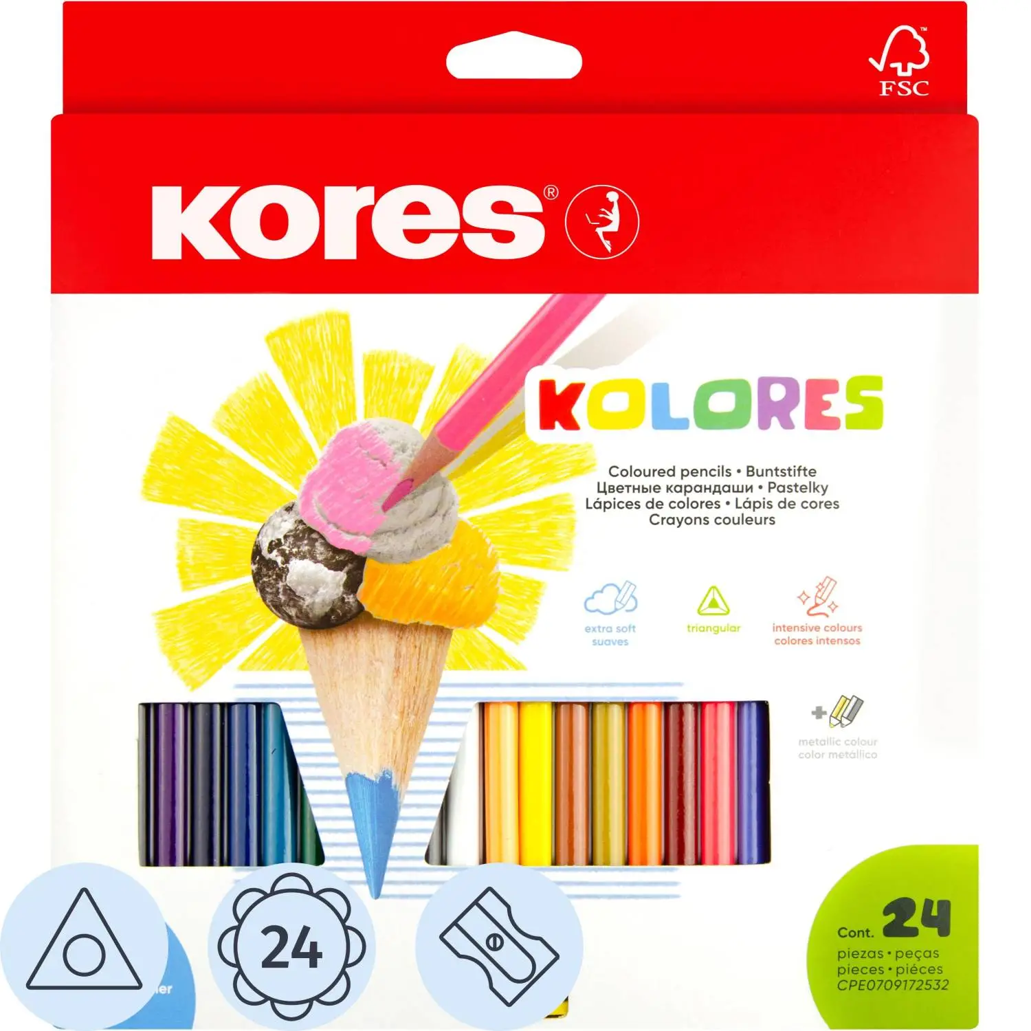 Карандаши цветные 24цв 3-гран,точилка Kores 93324.01, 128903К