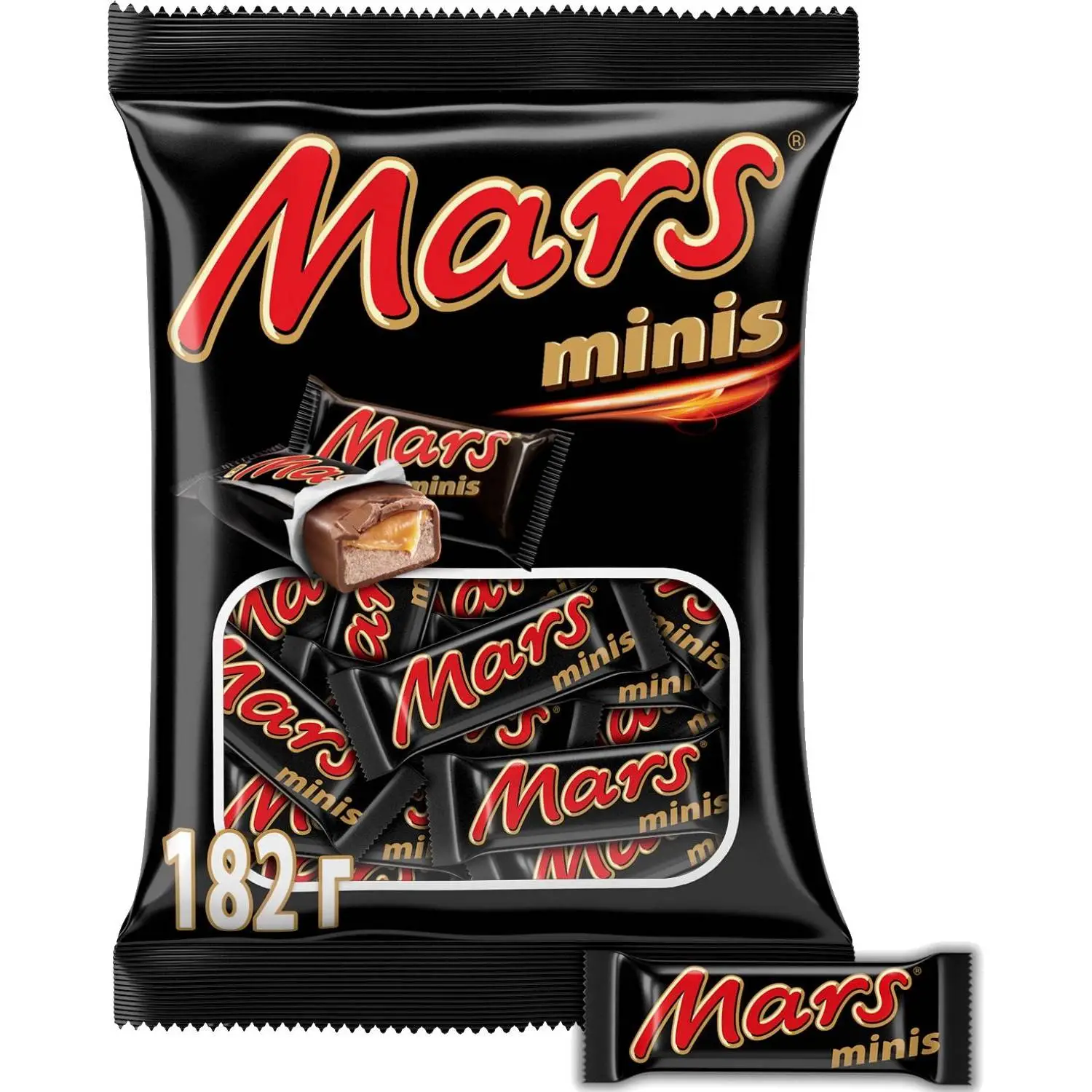 Шоколадный батончик Mars Minis с карамелью и нугой, пакет, 182г, 504599К