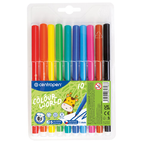 Фломастеры 10 ЦВЕТОВ CENTROPEN "Colour World", круглые, смываемые, 7550/10TP, 775501084