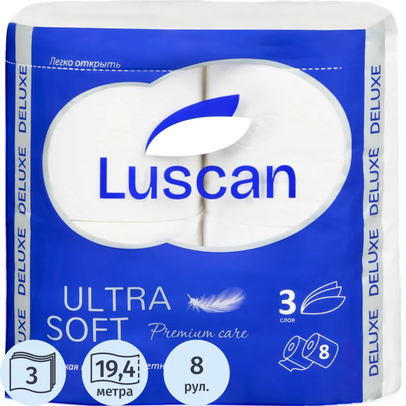 Бумага туалетная Luscan Deluxe 3сл бел 100%цел втул 19,35м 155л 8рул/уп, 484894К
