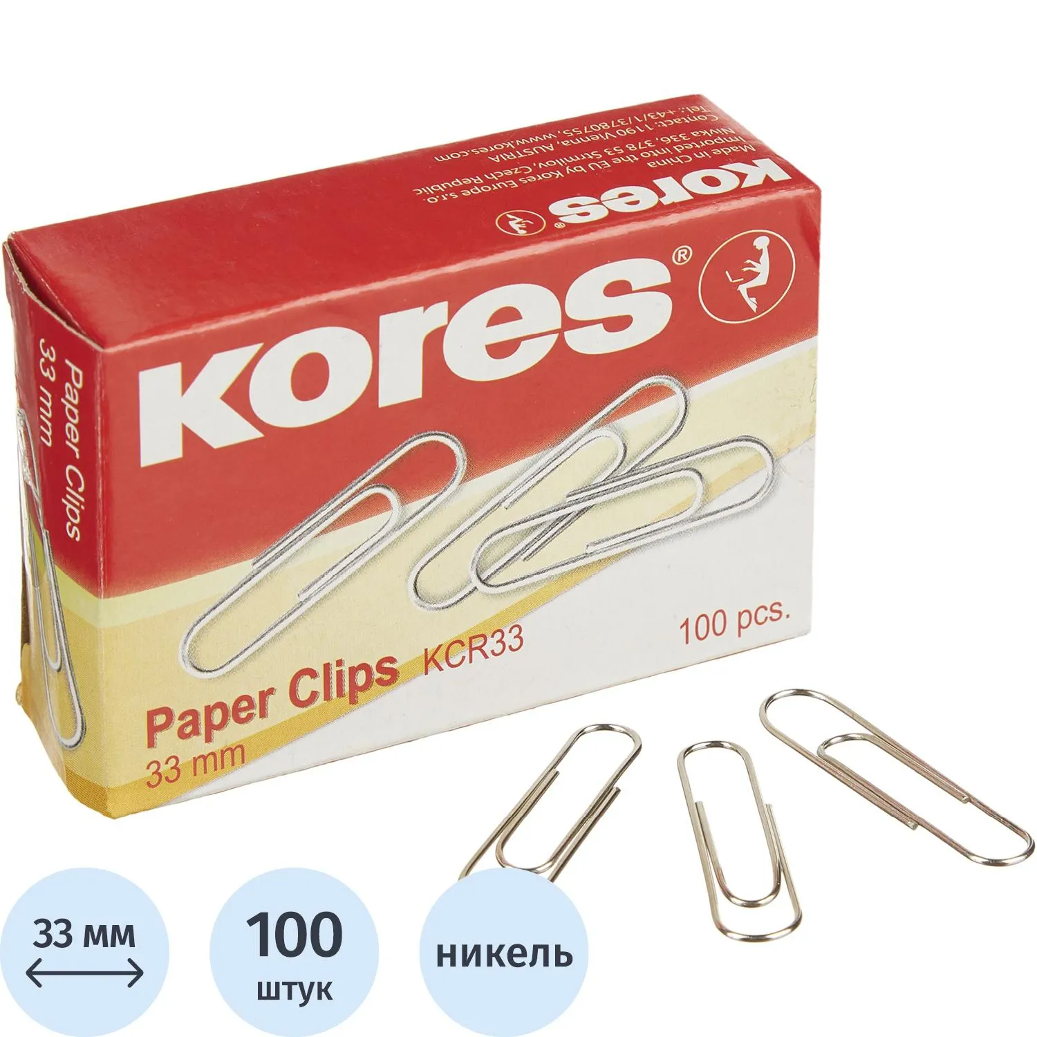 Скрепки KORES с отгибом,никелированные, 33 мм,негофрированные,100шт/уп, 60913К