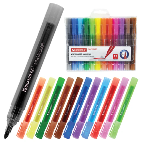 Маркеры стираемые для белой доски НАБОР 12 ЦВЕТОВ, BRAUBERG "MULTICOLOR", 3 мм, 152121
