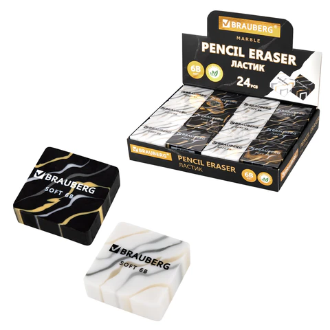 Ластик BRAUBERG "MARBLE", 34х34х11 мм, квадратный, экологичный ПВХ, ассорти, 272726