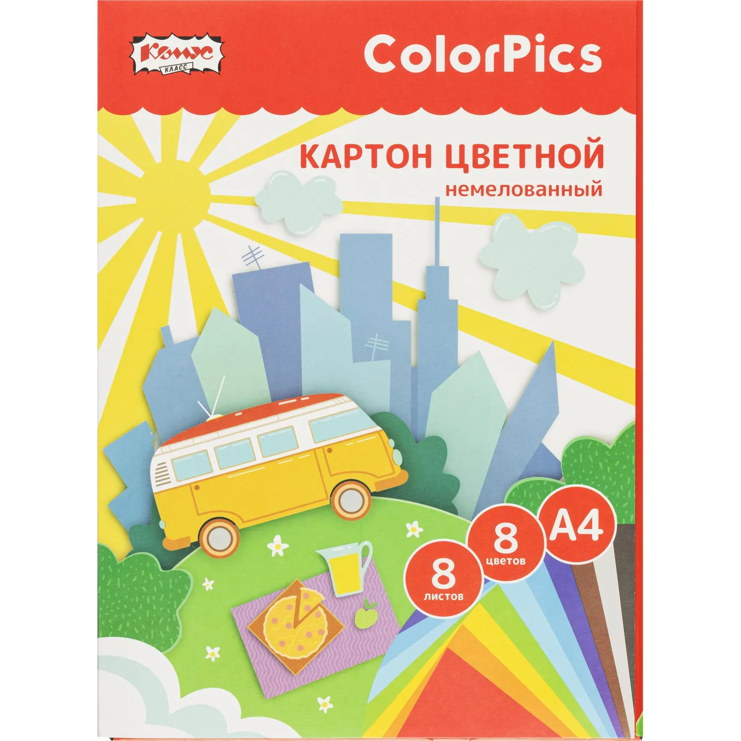 Картон цветной 8л.8цв.А4 немелованный ColorPics в папке, 1695907К