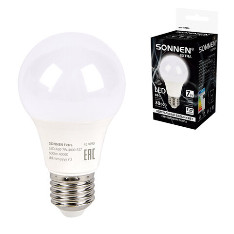 Лампа светодиодная SONNEN EXTRA, 7 (60) Вт, Е27, груша, нейтральный белый, 30000 ч, LED A60-7W-4000-Е27, 457890