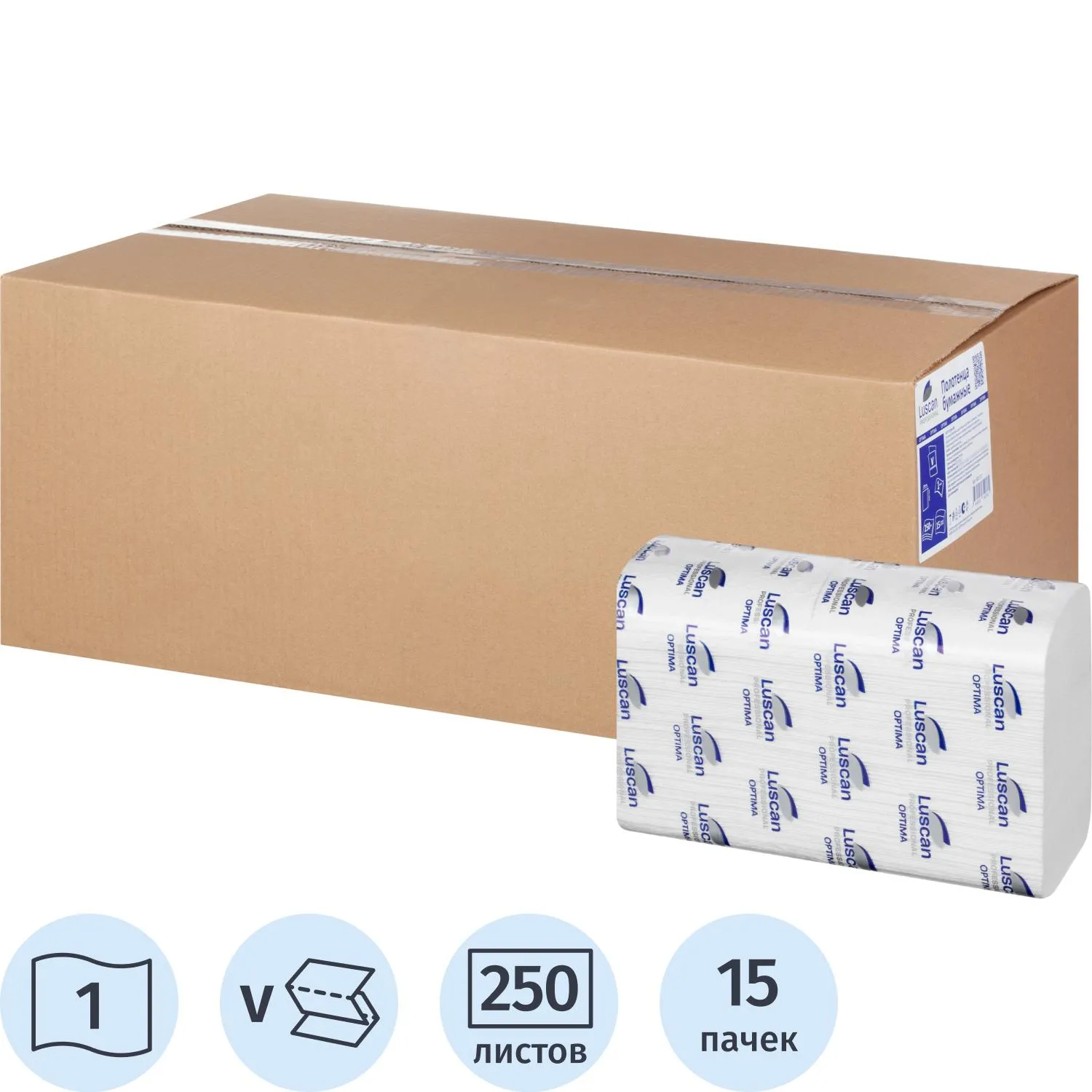 Полотенца бумажные д/дисп. Luscan Professional Vслож1слбелцел250л15пач/уп, 601117К