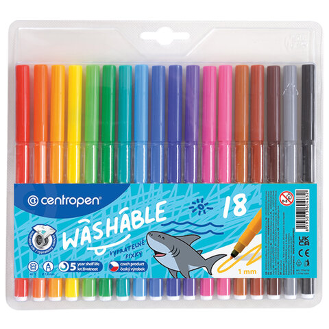 Фломастеры 18 ЦВЕТОВ CENTROPEN "Washable", смываемые, вентилируемый колпачок, 7790/18TP, 777901885