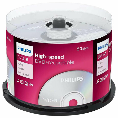 Диск DVD+R (плюс) PHILIPS, 4,7 Гб, 16x, Cake Box (упаковка на шпиле), КОМПЛЕКТ 50 шт., DR4S6B50F/97