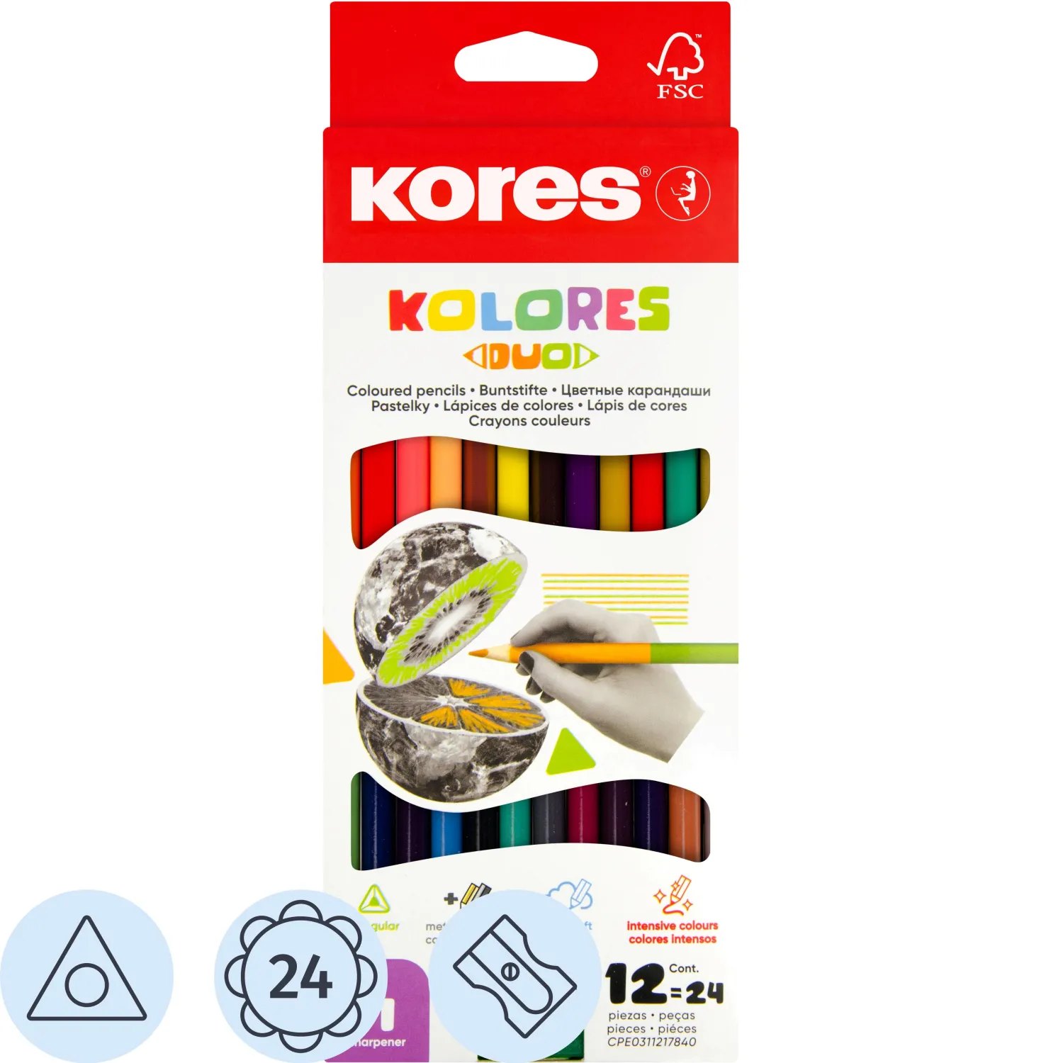 Карандаши цветные 24цв 12шт 3-гран,двустор с точилкой Kores 93212., 128906К