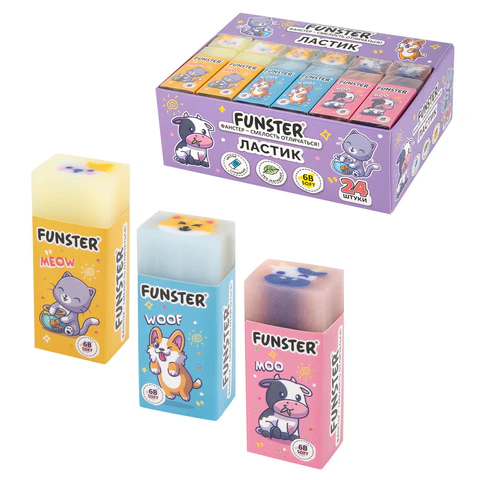 Ластик FUNSTER (ФАНСТЕР) "PETS", 50х21х16 мм, прямоугольный, картонный держатель, экологичный ПВХ, ассорти, 272725