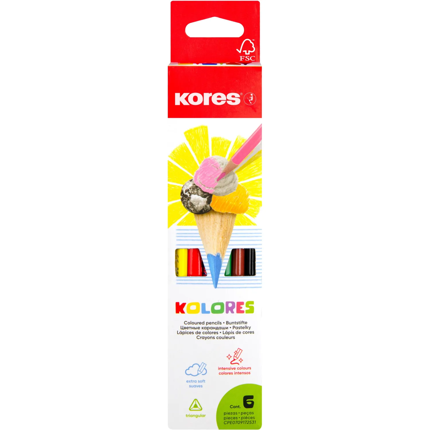 Карандаши цветные 6цв 3-гран Kores 93306.01, 153053К