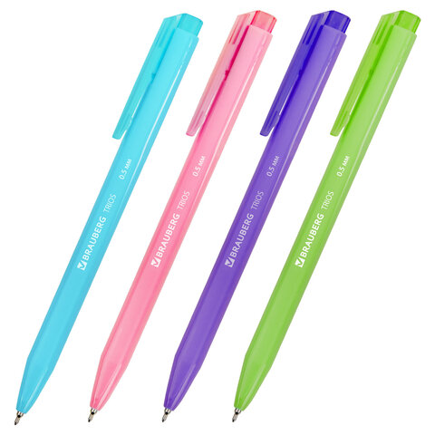 Ручка шариковая автоматическая BRAUBERG "TRIOS BRIGHT COLOR", корпус ассорти, СИНЯЯ, пишущий узел 0,5 мм, линия письма 0,3 мм, 144497
