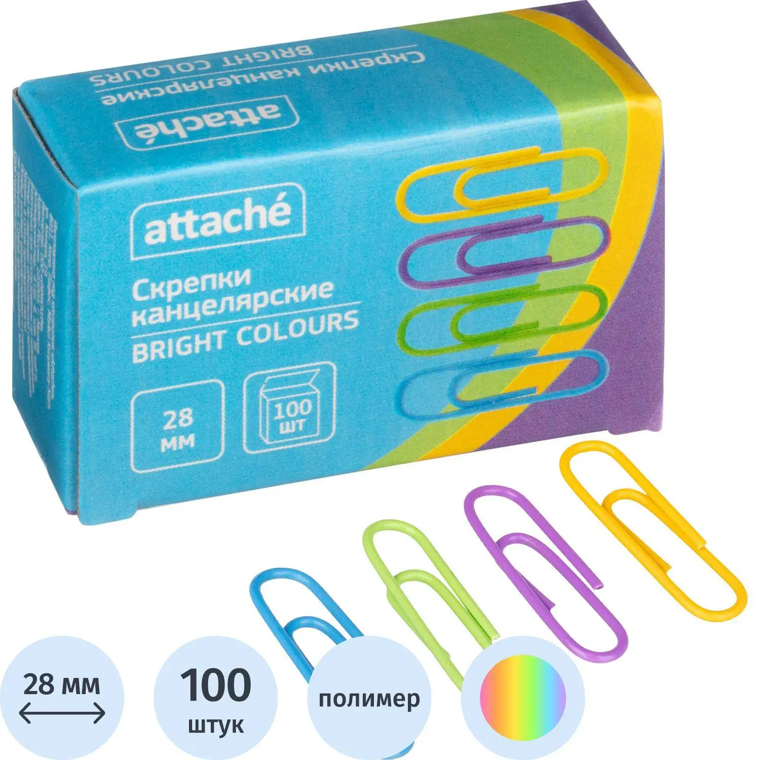 Скрепки Attache Bright Colours с полимерн.покрыт,28мм,разноцветн,100 шт/уп, 1384140К
