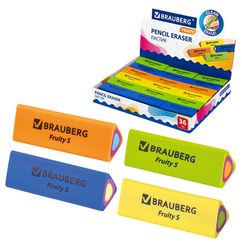 Ластик BRAUBERG "Fruity S", 44х15х15 мм, цвет ассорти, треугольный, 228713