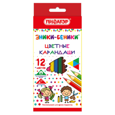 Карандаши цветные ПИФАГОР "ЭНИКИ-БЕНИКИ", 12 цветов, шестигранные, натуральное дерево, 181346