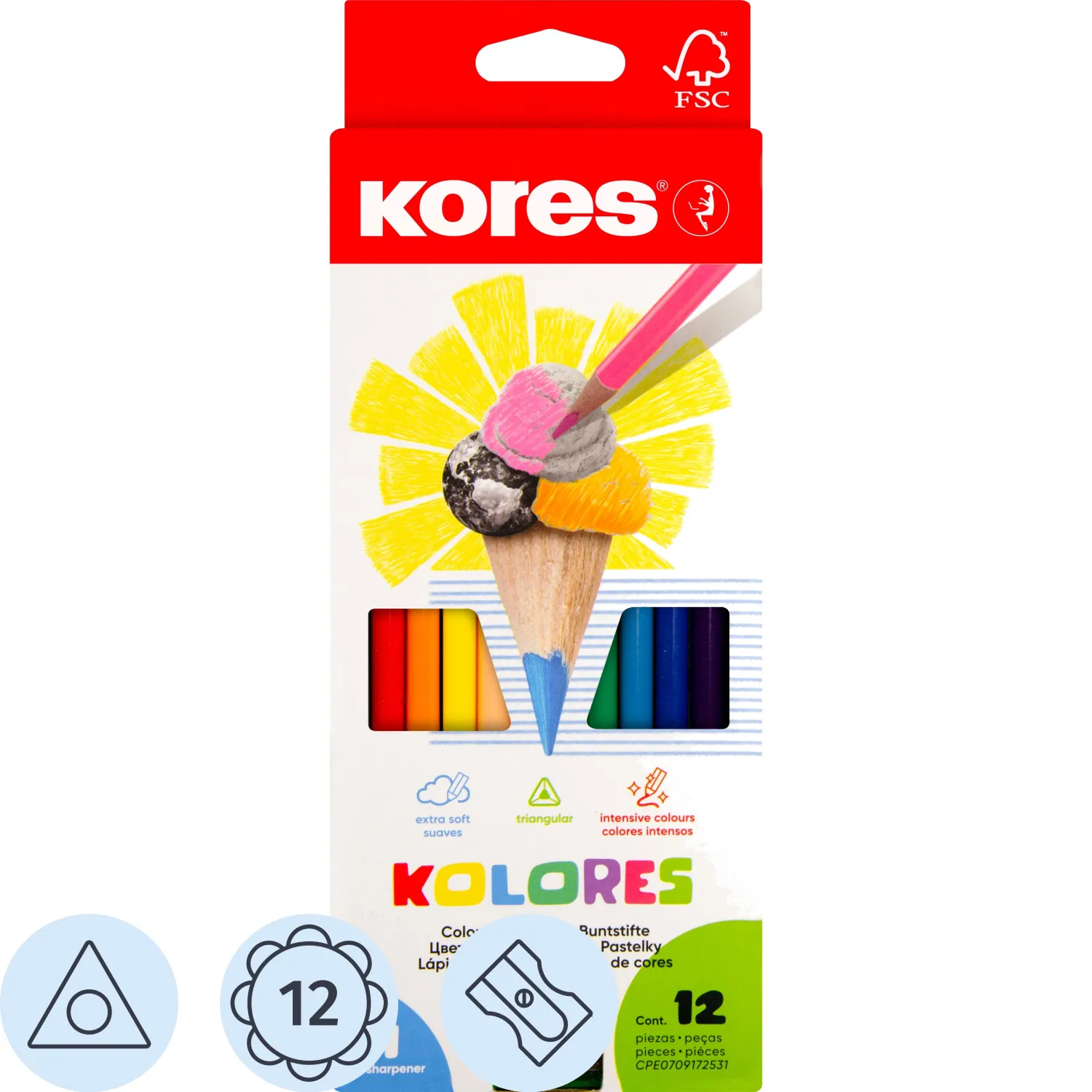 Карандаши цветные 12цв 3-гран,точилка Kores 93312.01, 128902К
