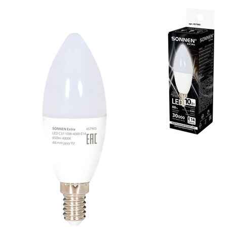 Лампа светодиодная SONNEN EXTRA, 10 (85) Вт, Е14, свеча, нейтральный белый, 30000 ч, LED C37-10W-4000-Е14, 457905