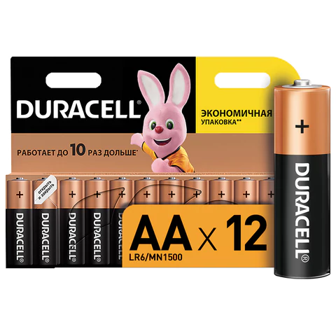 Батарейки КОМПЛЕКТ 12 шт., DURACELL Basic ОРИГИНАЛ, AA (LR6, 15А), алкалиновые, пальчиковые