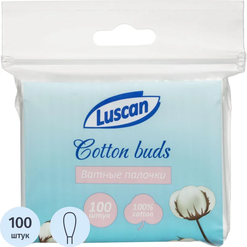 Палочки ватные Luscan zip-пакет 100шт/уп, 1624324К