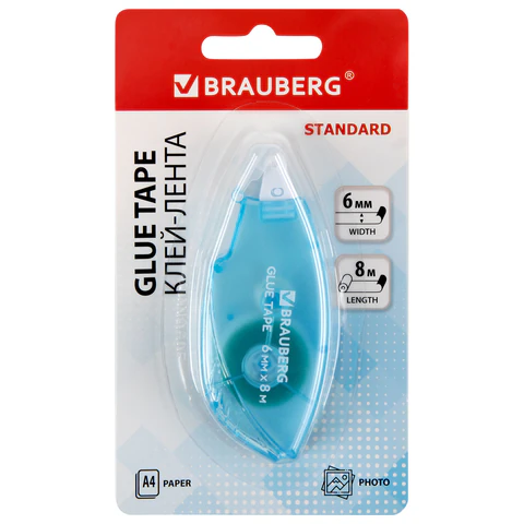 Клей-лента BRAUBERG STANDARD, 6 мм х 8 м, корпус матовый голубой, блистер, 273027