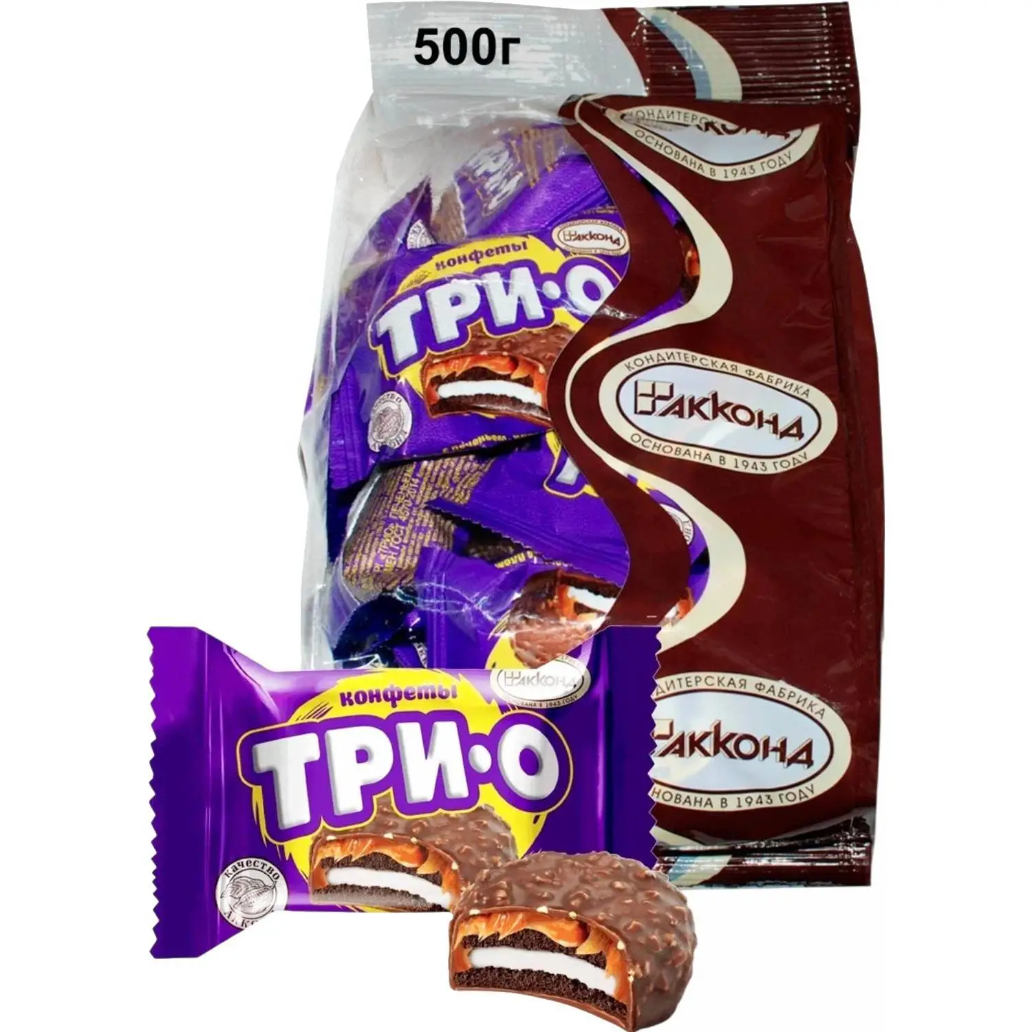 Конфеты ТРИО с печеньем, карамелью и начинкой со вкусом пломбира, 500г, 1806979К