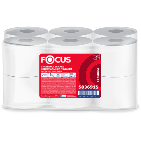 Бумага туалетная с центральной вытяжкой 120 м, FOCUS (T8) Premium, 2-слойная, белый, КОМПЛЕКТ 12 рулонов, 5036915
