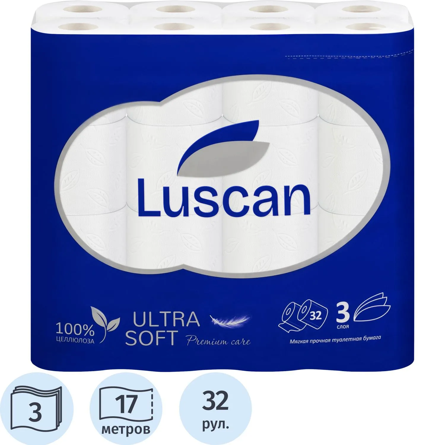 Бумага туалетная Luscan Делюкс 3сл бел цел 17м 142л 32рул/уп, 2128985К