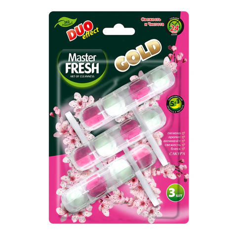 Блок туалетный подвесной твердый 3 шт. x 50 г, MASTER FRESH GOLD DUO EFFECT 5 в 1 "Сакура", С0007435