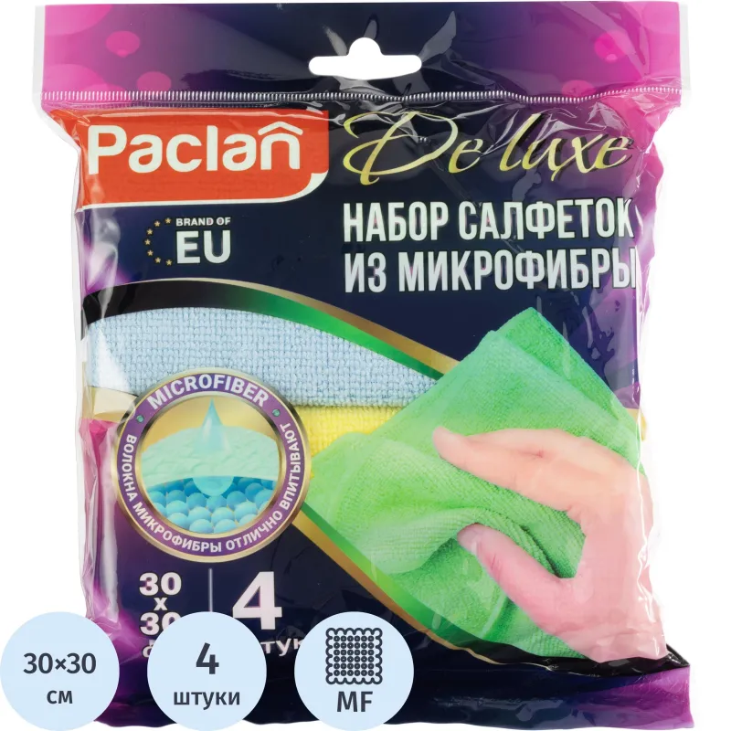 Салфетки хозяйственные микрофибра PACLAN DeLUXE универс цветн 30х30см 4 шт, 330707К
