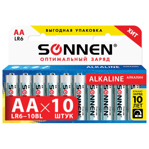 Батарейки КОМПЛЕКТ 10 шт., SONNEN Alkaline, АА (LR6, 15А), алкалиновые, пальчиковые, короб, 451086