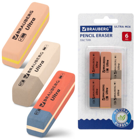 Ластики BRAUBERG "Ultra Mix" 6 шт., размер ластика 41х14х8 мм, ассорти, натуральный каучук, 229602
