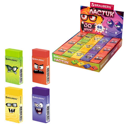 Ластик кросс-серия МОНСТРИКИ, 50х24х10 мм, прямоугольный, картонный держатель, ассорти, ЭКО ПВХ, BRAUBERG, 273236