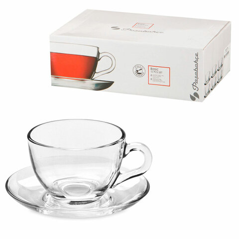 Набор чайный на 6 персон (6 кружек 215 мл, 6 блюдец), стекло, PASABAHCE "БЕЙЗИК", фирменная подарочная упаковка, 97948