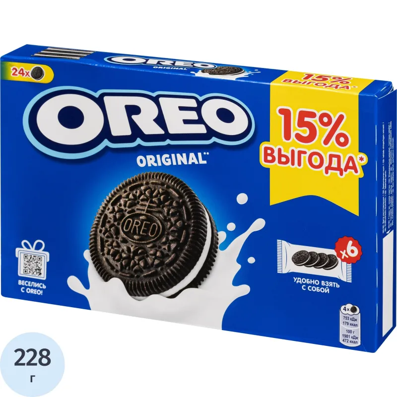 Печенье OREO с какао, ванильной начинкой, 228г