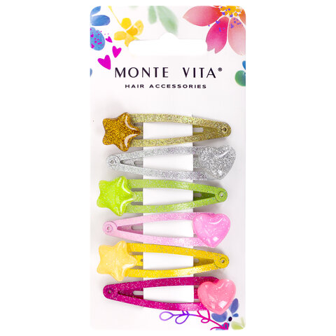 Заколки для волос НАБОР 6 шт., 5 см, клик-клак, с декоративными элементами, разные цвета, MONTE VITA (МОНТЕ ВИТА), 457089