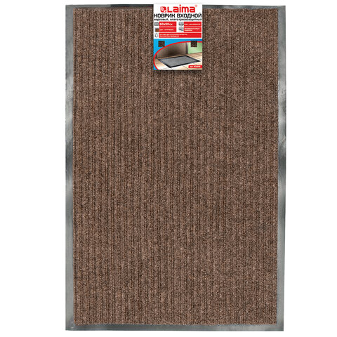 Коврик входной ворсовый влаго-грязезащитный 60х90 см, толщина 7 мм, ребристый, коричневый, LAIMA, 602868