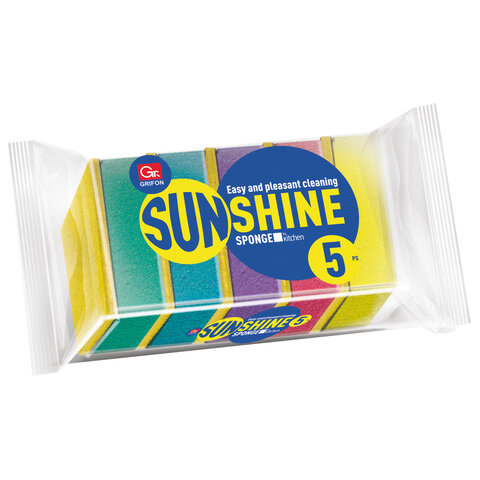 Губки для посуды 80х56х27мм, КОМПЛЕКТ 5 шт, поролон/абразив, "Sunshine", GRIFON, ШК0040, 910-004