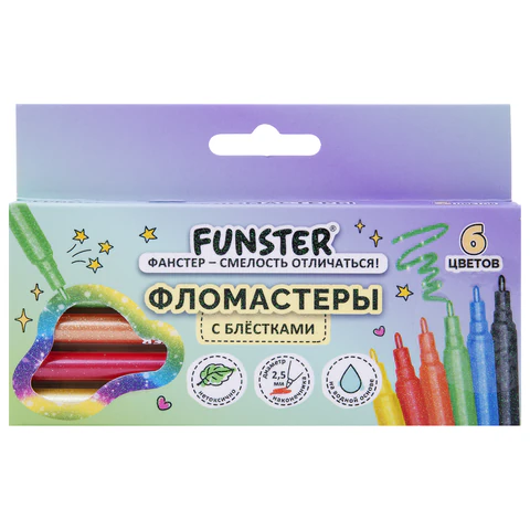 Фломастеры с блестками FUNSTER (ФАНСТЕР) "GLITTER" 6 цветов, ударопрочный наконечник, 152628
