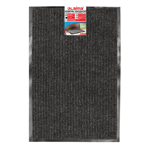 Коврик входной ворсовый влаго-грязезащитный 40х60 см, толщина 7 мм, ребристый, черный, LAIMA, 602863